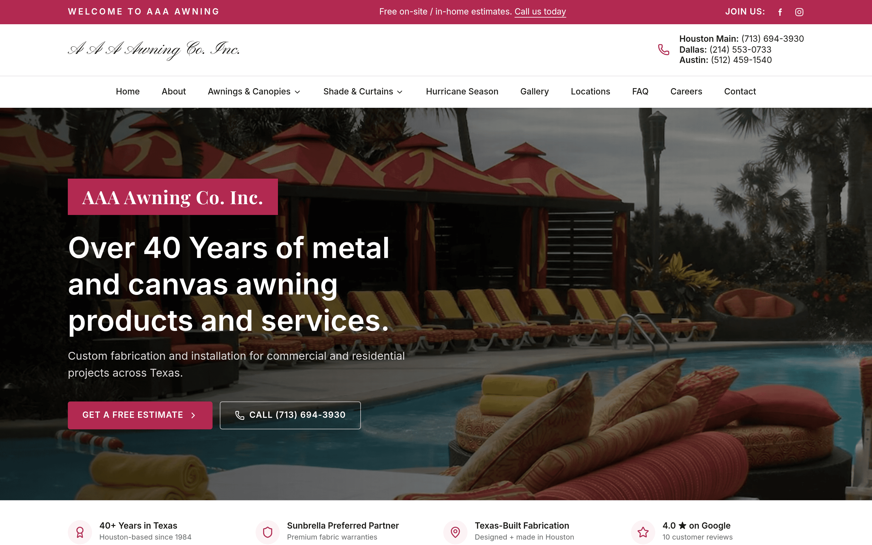 AAA Awning Co. homepage screenshot