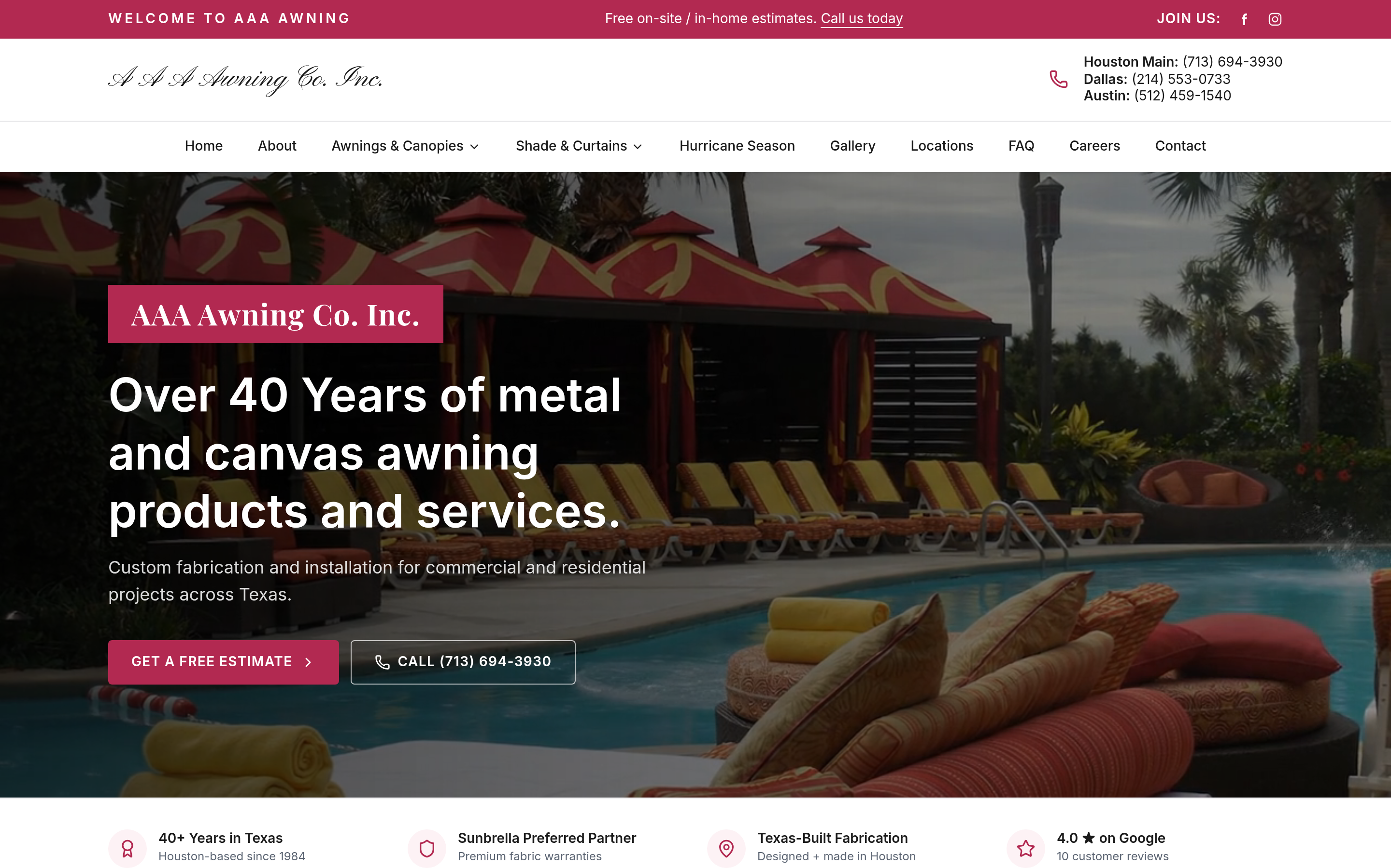 AAA Awning Co. homepage screenshot